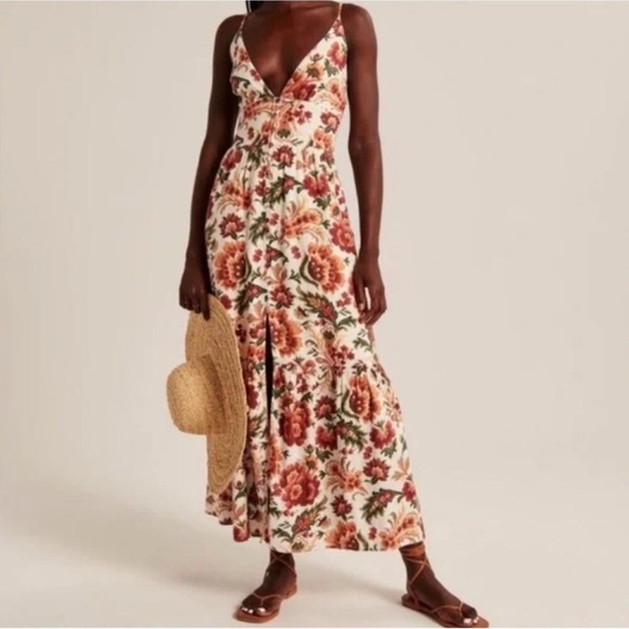 Abercrombie & Fitch Linen Blend Floral Button Front Maxi Dress XS Summer Boho - Picture 4 of 11